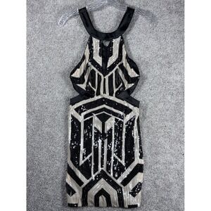 Bebe XS Geo Sequin Cutout Dress‎ Black Beige Sleeveless Mini Party